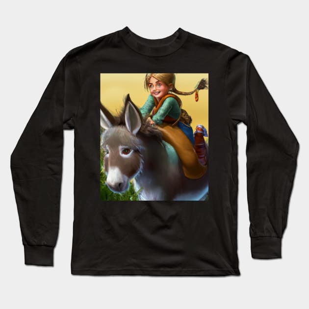 Girl with blond ponytail riding a cute donkey Long Sleeve T-Shirt by JohnCorney